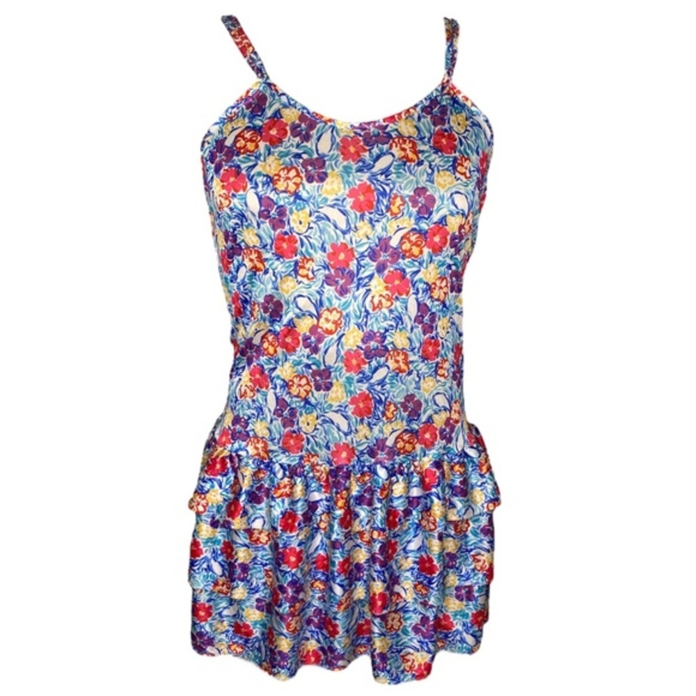 Floral Spaghetti Strap Ruffle Mini Dress (Size: Large, Color: Blue/Multi)